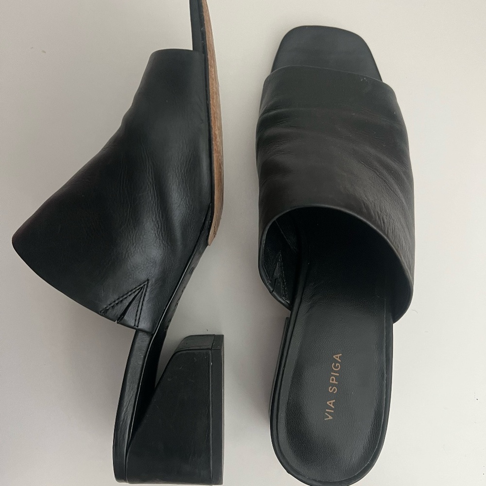 Leather black open-toe slide-on heels